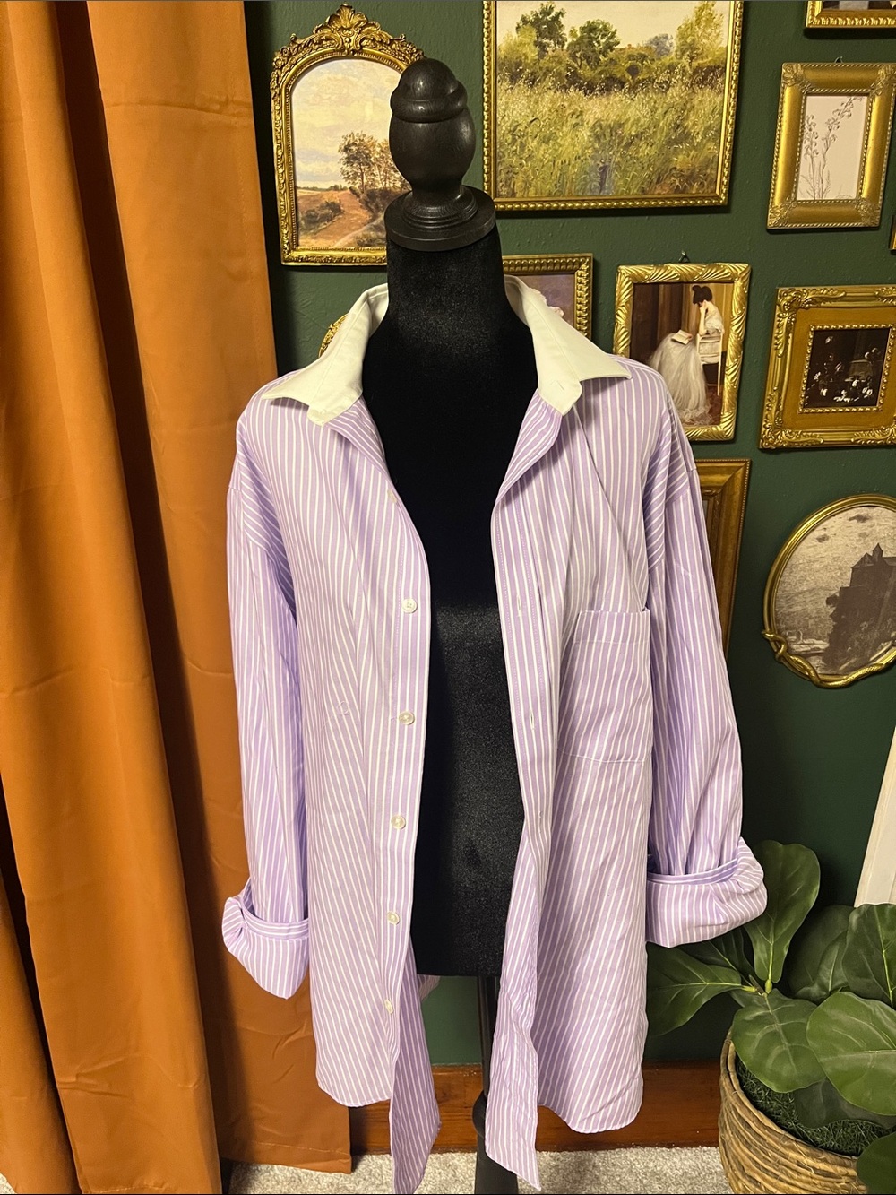 Tasso Elba Lavender and White Striped Dress Shirt with White Contrast Collar